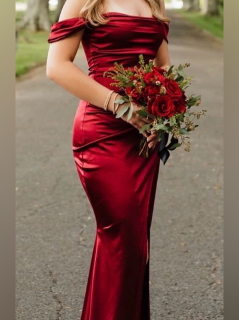 Windsor Off-Shoulder Satin Gown in Deep Red